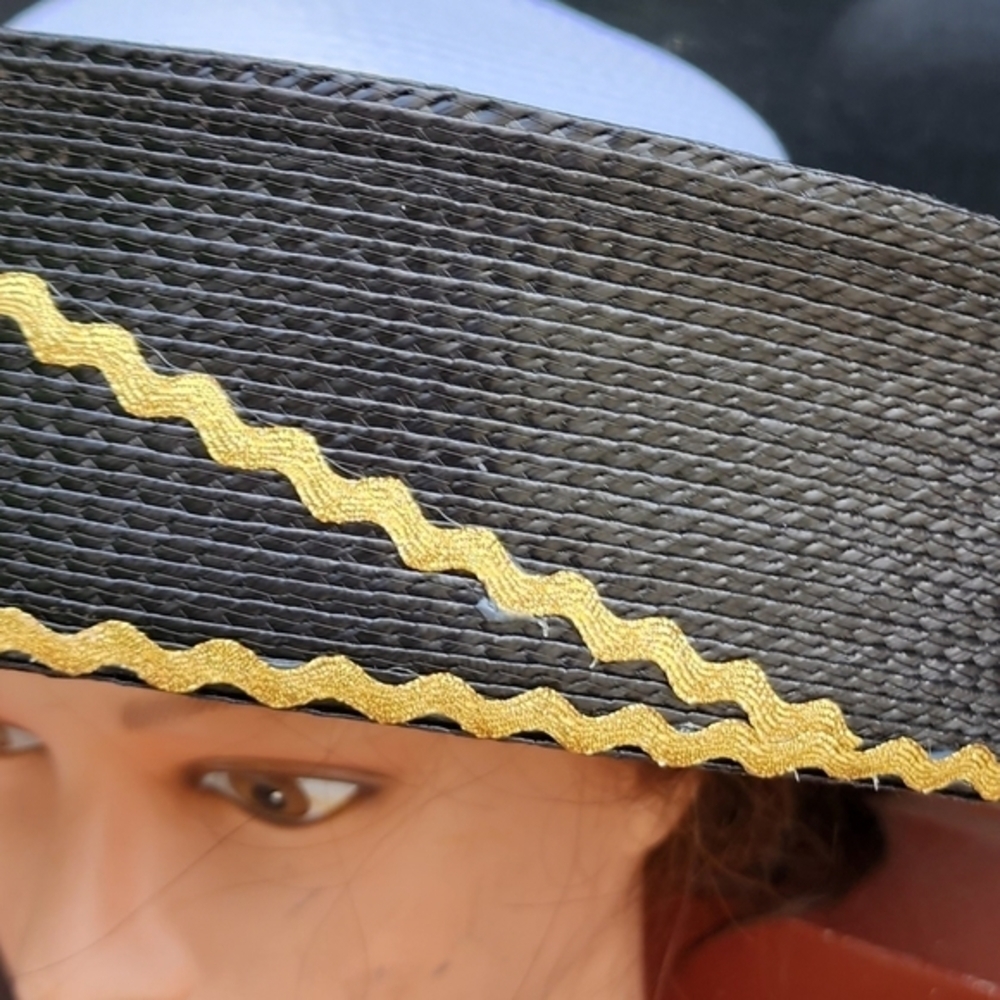 Vintage Italian Wide Brim Straw Hat Black Gold Trim Statement Sun Hat - Picture 11 of 16